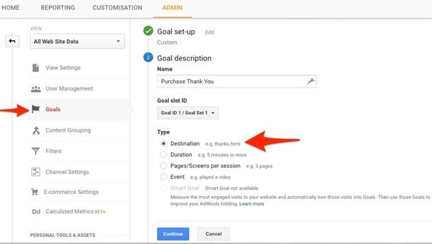 Destination goals in Google Analytics