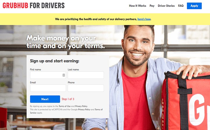 Grubhub for drivers homepage screenshot