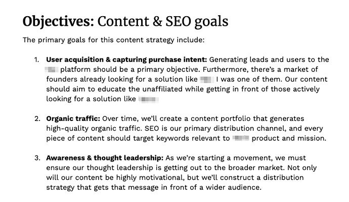 Content strategy objectives example