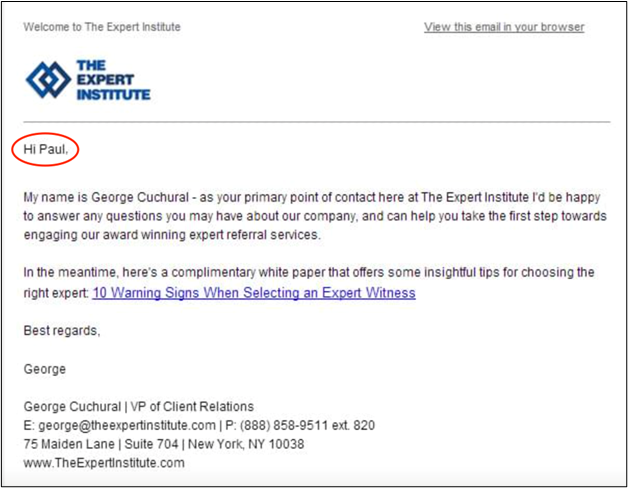 Personalized email from The Expert Institute