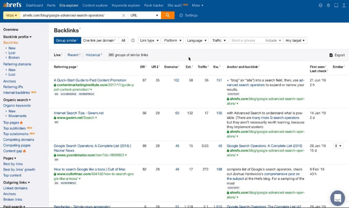 Ahrefs dashboard example with backlinks
