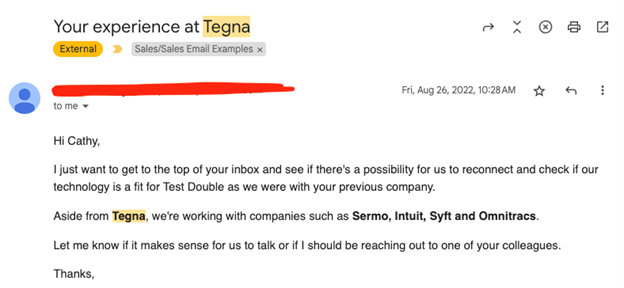 Sales outreach email example with subject line your experience at tegna