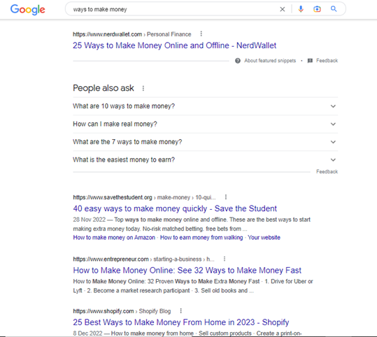 Google's top search results for how to make money