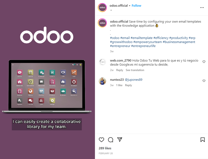 Screenshot of Odoo Instagram post with hashtags