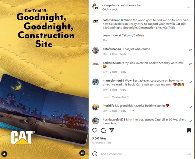 Caterpillar Instagram post showing engagement