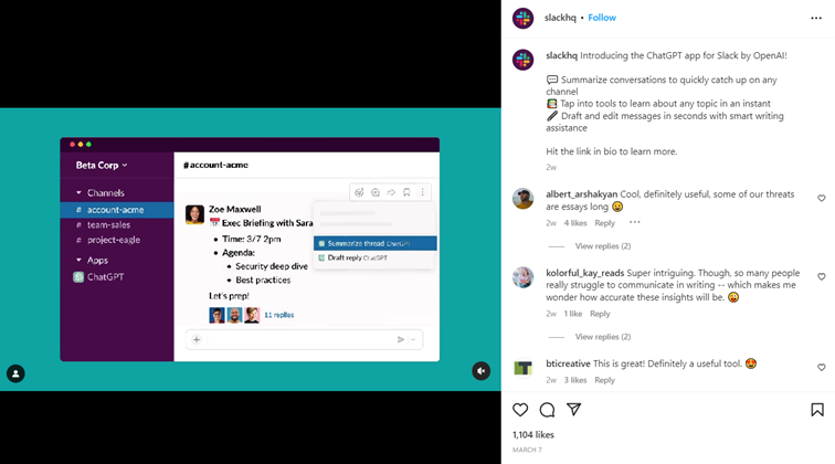 Slack post about ChatGPT on Instagram