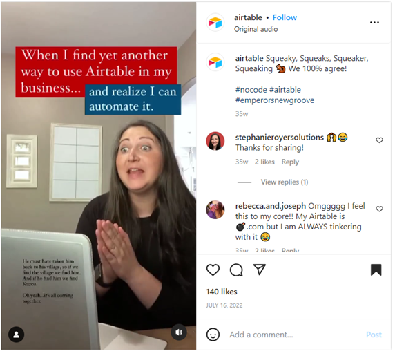 Airtable Instagram video with dialogue from The Emperor's New Groove