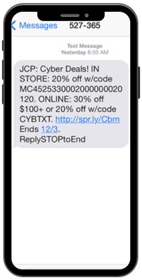 Sample of an SMS message containing a coupon code