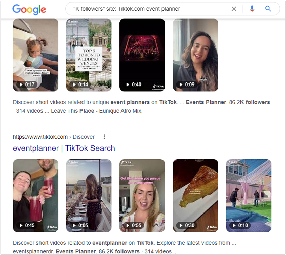 Google search for event planner influencers on TikTok