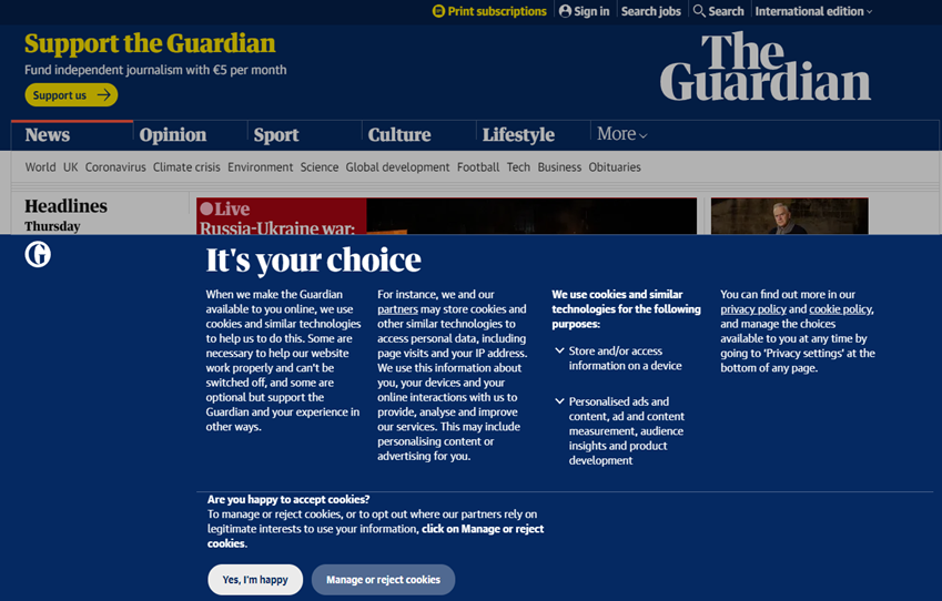 Screenshot of www.theguardian.com and its cookie consent banner