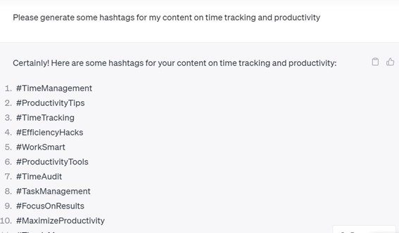 ChatGPT suggests hashtags for time management content