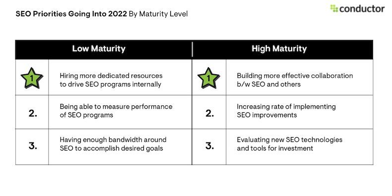 SEO priorities for 2022 by maturity level